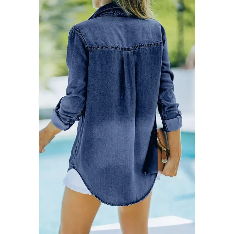 2024 NEW Shirts for Women Spring Turn-down Collar Pocket Tencel Blue Solid Shirt Women\'s Fashion Casual Denim Shirt  Women Tops