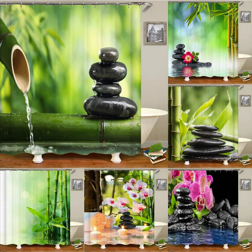 3D Flower Bamboo Pebble Water Green Plant Shower Curtain Waterproof Polyester Curtain Home Decoration Shower Curtain Zen Curtain