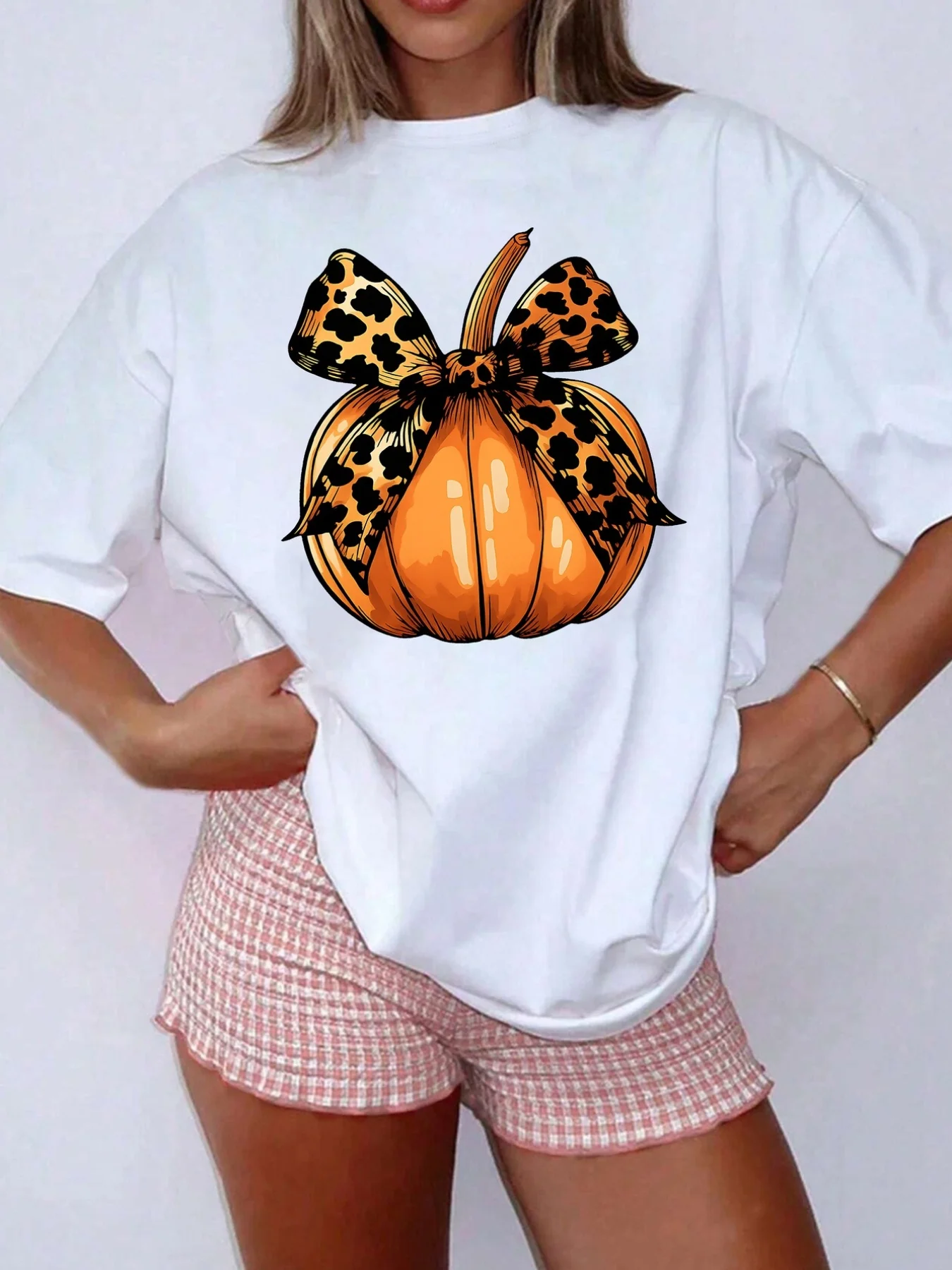 

Women's Halloween Pumpkin Leopard Print Bow T-Shirt Harajuku Short Sleeve Casual Clothing Street Tops Tees Aesthetic Clothes