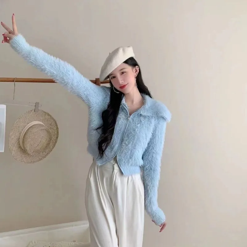 

Женский вязаный кардиган свободного стиля 2025 FW, короткая двойная молния, искусственный мех норки, сплошной цвет, французский дизайнер, облегающий крой