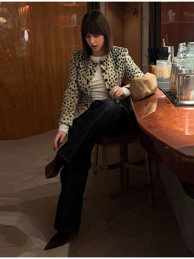 Women Leopard Print Cropped Jacket Long Sleeve Peplum Hem Zip Front Slim Short Outerwear Retro Daily Street Office Party Outfit