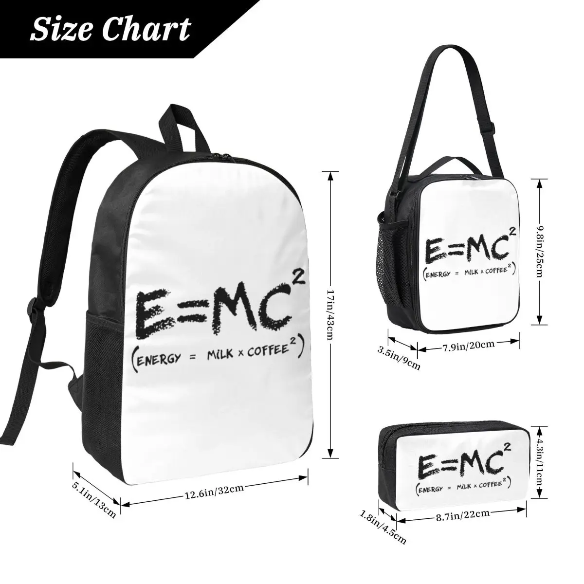 Science E = MC2 Energy Milk Coffee Physics Math Backpack BookBag School Bag Shoulder Bags 3ps Insulated Lunch Bag Pencil Case