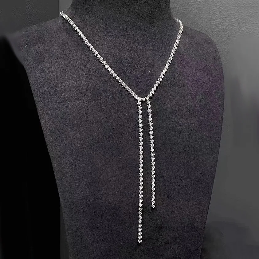 S925sterlingsilvernecklace long and short fringed full diamond necklace fairy stud earrings female light luxury collarbone chain