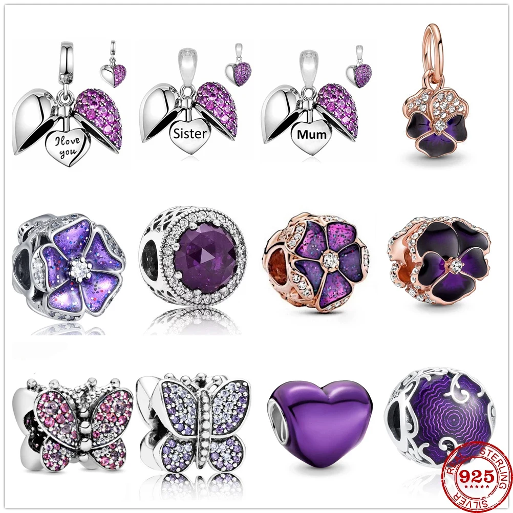 

New 925 Sterling Silver Purple Sister Mum Nan Dangle Butterfly Love Beads Fit Original Pandora DIY Bracelet Charms Jewelry Gift