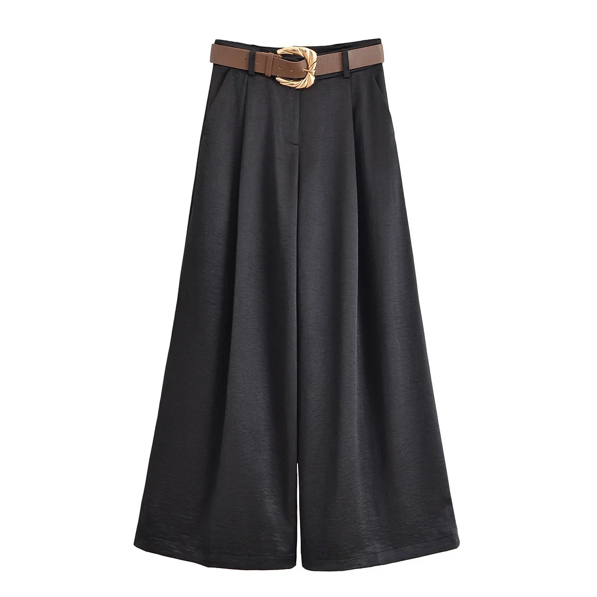 Women High Waist Wide Leg Pants With Belt Summer Chic Streetwear Female Casual Loose Straight Trousers Lady Leopard Satin Pants