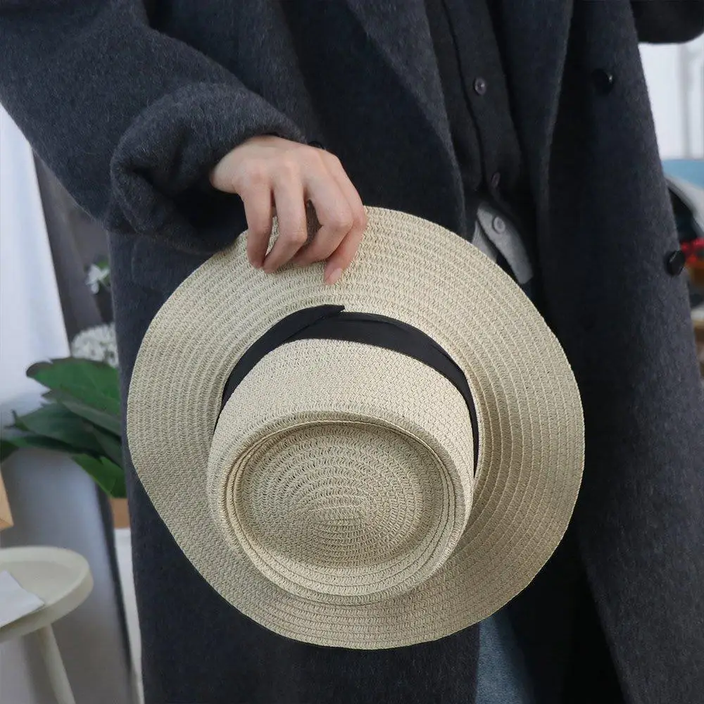 Fashion Korean Style Straw Woven Hat Wide Brim Concave Top Sunscreen Bucket Hat Sunshade Flat Brim Women's Sun Hat Seaside