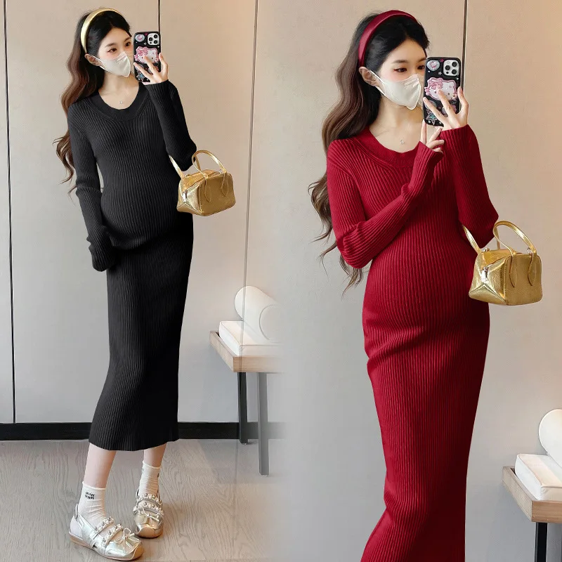 Knitted Dress Elegant Slim Fit Stylish Mom Maternity Autumn And Winter High Waist Sweater Elastic Bodycon Base Layer Long Dress