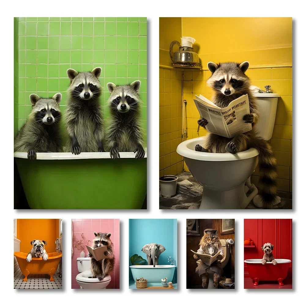 Póster De mapache en la bañera, imagen impresa, Animal divertido, perro, elefante, sentarse en el baño, cuadro sobre lienzo para pared para el hogar