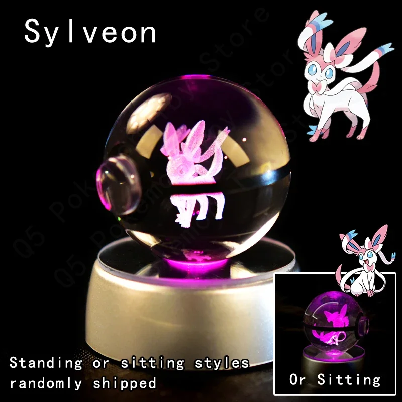 3D Pokemon Kristallkugel 5CM Mewtwo Pikachu Gengar Kristallglas Pokemon Ball Pokeball Figur Nachtlicht LED-Lampe mit Basis Geschenk