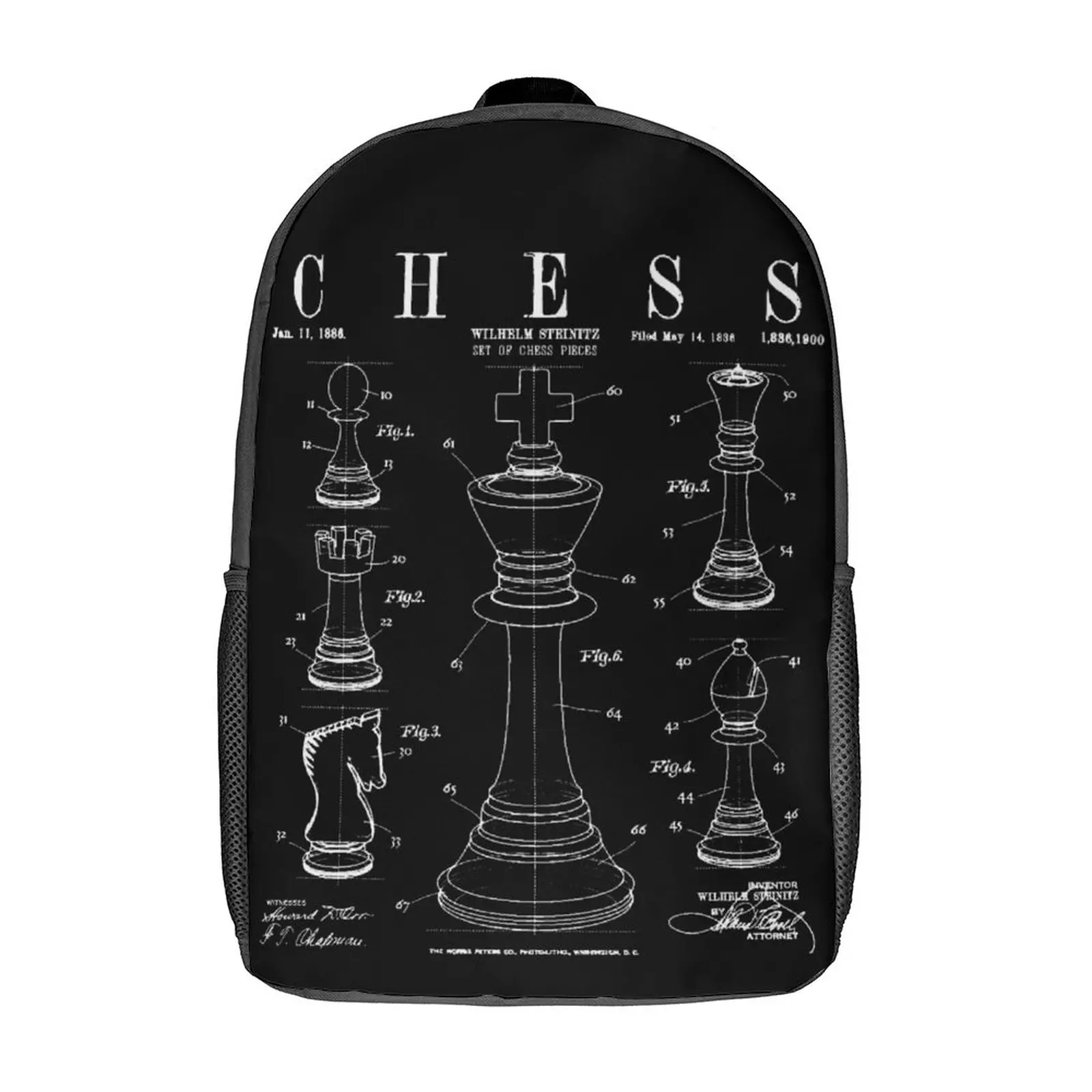 Chess King And Pieces Old Vintage Patent Drawing 17 Inch Shoulder Backpack Vintage  Schools Graphic Vintage Durable Cozy Infantr