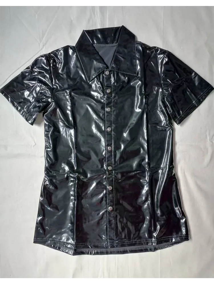 S-5XL Wet Look PVC Short Sleeve T Shirt Shiny PU Leather Single Breasted Tshirt Hip Hop Stage Performance Motor Tees Tops Jacket
