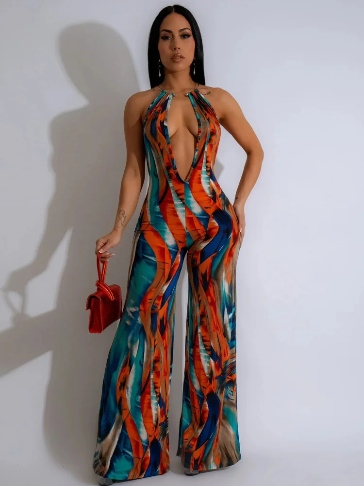 Beyprern Tropical Halter Neck O-Rings Metal Jumpsuits One Piece Outfits Beautiful Backless Printed Wide Leg Rompers Overalls