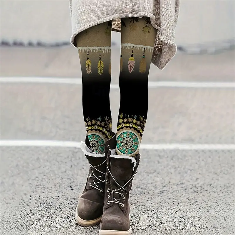 Celana wanita legging nyaman gaya bohemian etnik kasual dengan pinggang elastis motif bulu bernapas nyaman untuk gaya jalanan.
