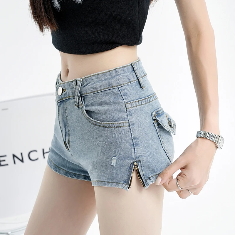 Spice Meisjes Stretch Denim Ultra Shorts Dames Zomer Amerikaanse Sexy Hotpants Lage Taille Split Rechte Broek Met Wijde Pijpen