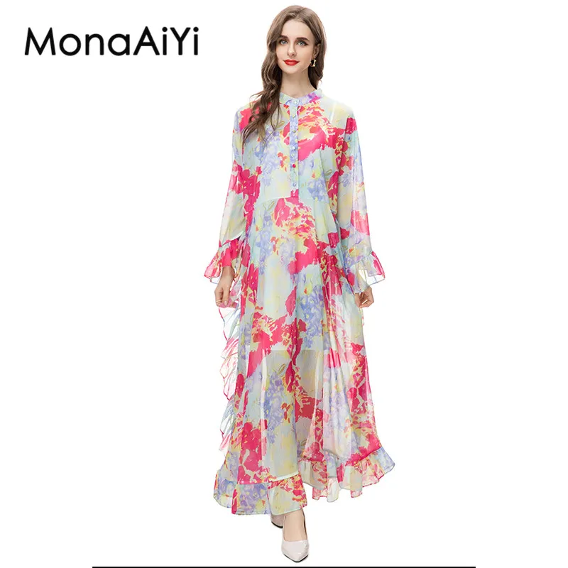 

MonaAiYi New Fashion Designer Women's High Collar Lotus Leaf Sleeve Sleeve Detachable Waistband Long Printing Camouflage Dress