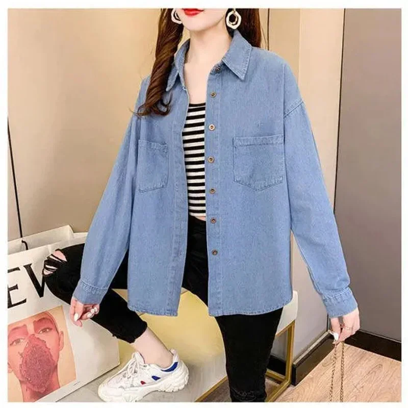 

Women Fat MM Casual Denim Top Pring Autumn New Retro Niche Denim Shirt Female Loose Design Sense Of All-match Shirt Jacket XQ202