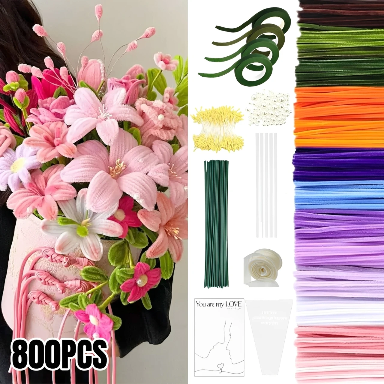 

800 шт. разноцветных трубчатых палочек, мягкие гибкие плюшевые стержни для поделок, букетов, упаковки подарков и декора