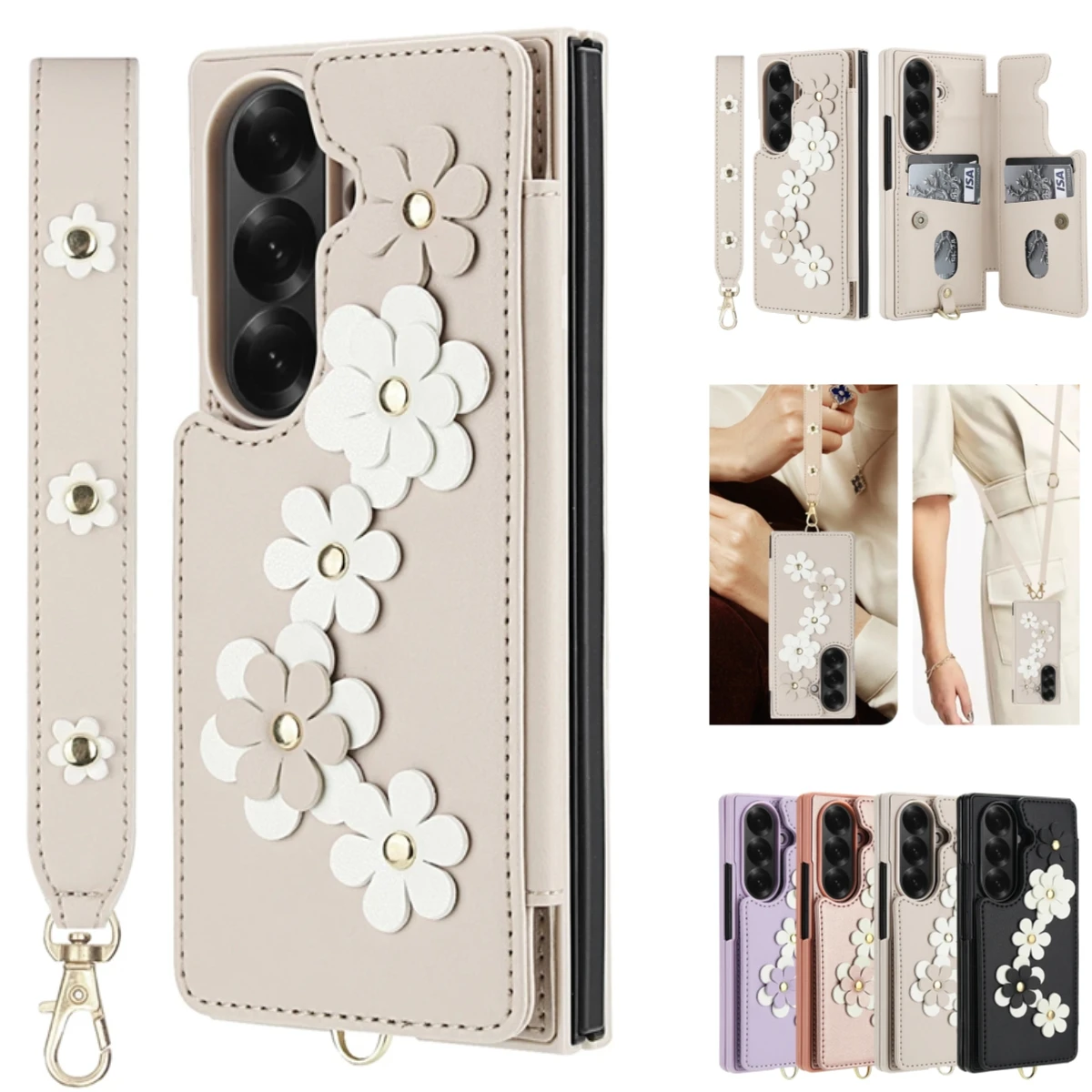 Crossbody-Blumen-Geldbörsen-Leder-Handyhülle für Samsung Galaxy Z Fold 8 Ultra 7 6 5 4 5G Fold7 mit Magnetknopf und Kartenfach
