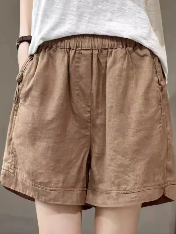 Lâche coton lin décontracté orts femmes taille élastique ket jambe droite pantalon Vintage Sle été Faion dames vêtements