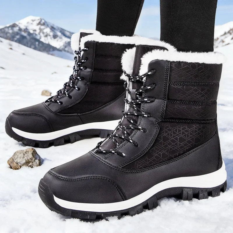 الفاخرة جولة تو المرأة الثلوج الأحذية مقاوم للماء عدم الانزلاق النساء حذاء من الجلد الشتاء أزياء من الدانتل متابعة الأحذية المسطحة حجم كبير