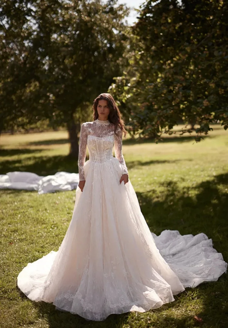 A line Wedding Dresses Lace Dress Vestido De Novia Desmontable 2 En 1 Long Sleeve Civil Sencillo Y Elegante Princesa Bespoke