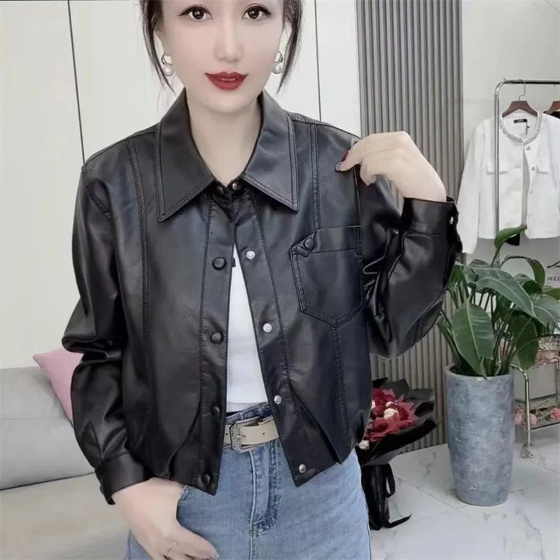 High Quality Fashion PU Leather Jackets Women's New 2026 Spring New Outwear Temperament Slim Overwear Washed Leather Coat Ladies 3