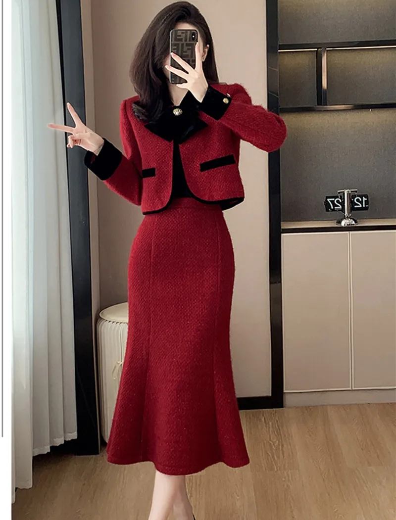 

New Women's Autumn Winter Small Fragrance French Haute Couture Bow Short Blazer+Skirt Fishtail Skirt Two-piece Set Women Outfits