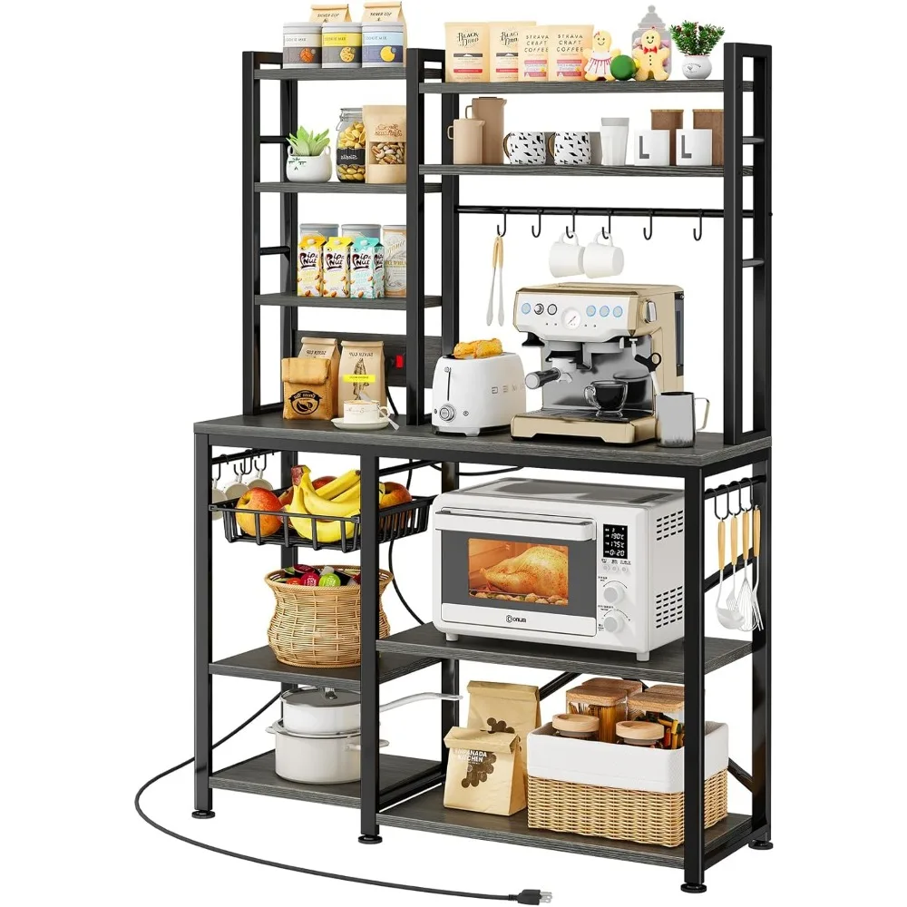 

baker rack with power outlet - microwave stand with storage, large coffee bar station with 14 hooks, metal kitchen shelf rack fo