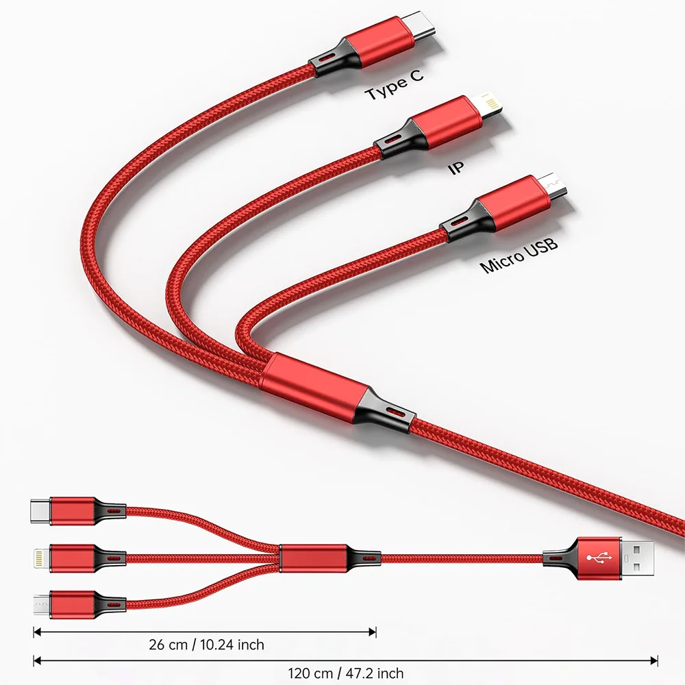 3 in 1 USB Fast Charging Cable, Type C / Micro / iOS Multi Charger Cord, Braided Nylon for iPhone Samsung Xiaomi Redmi Oppo,
