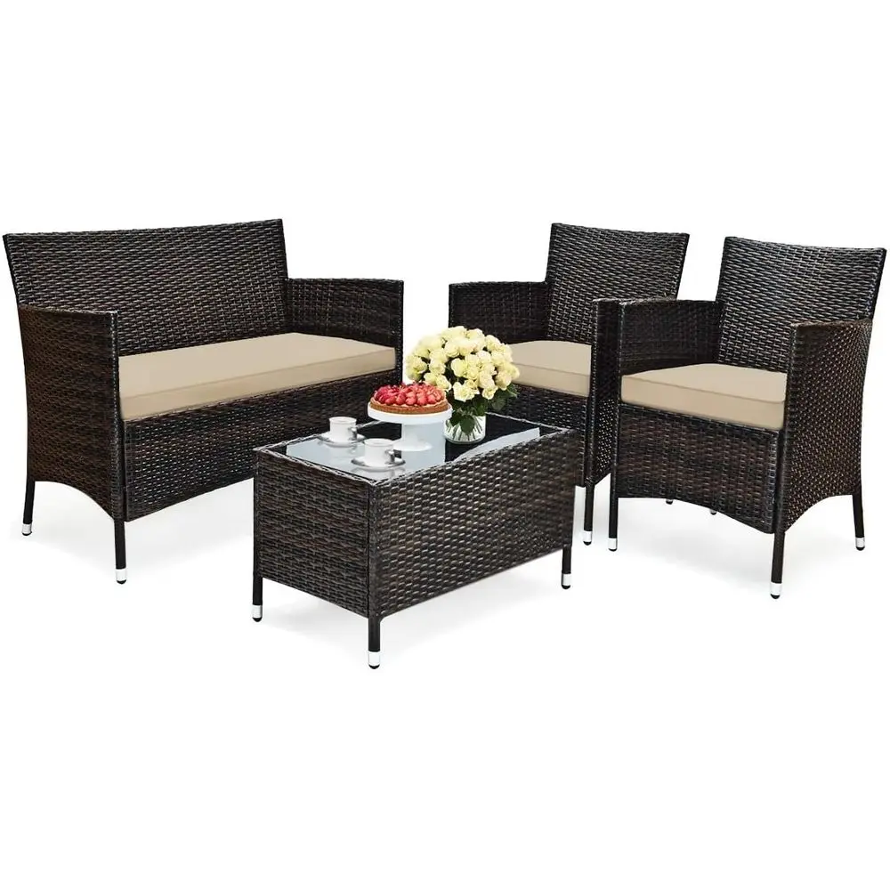 4-Piece Outdoor Wicker Patio Furniture Set with Cushioned Sofa and Coffee Table for Backyard, Garden, or Poolside