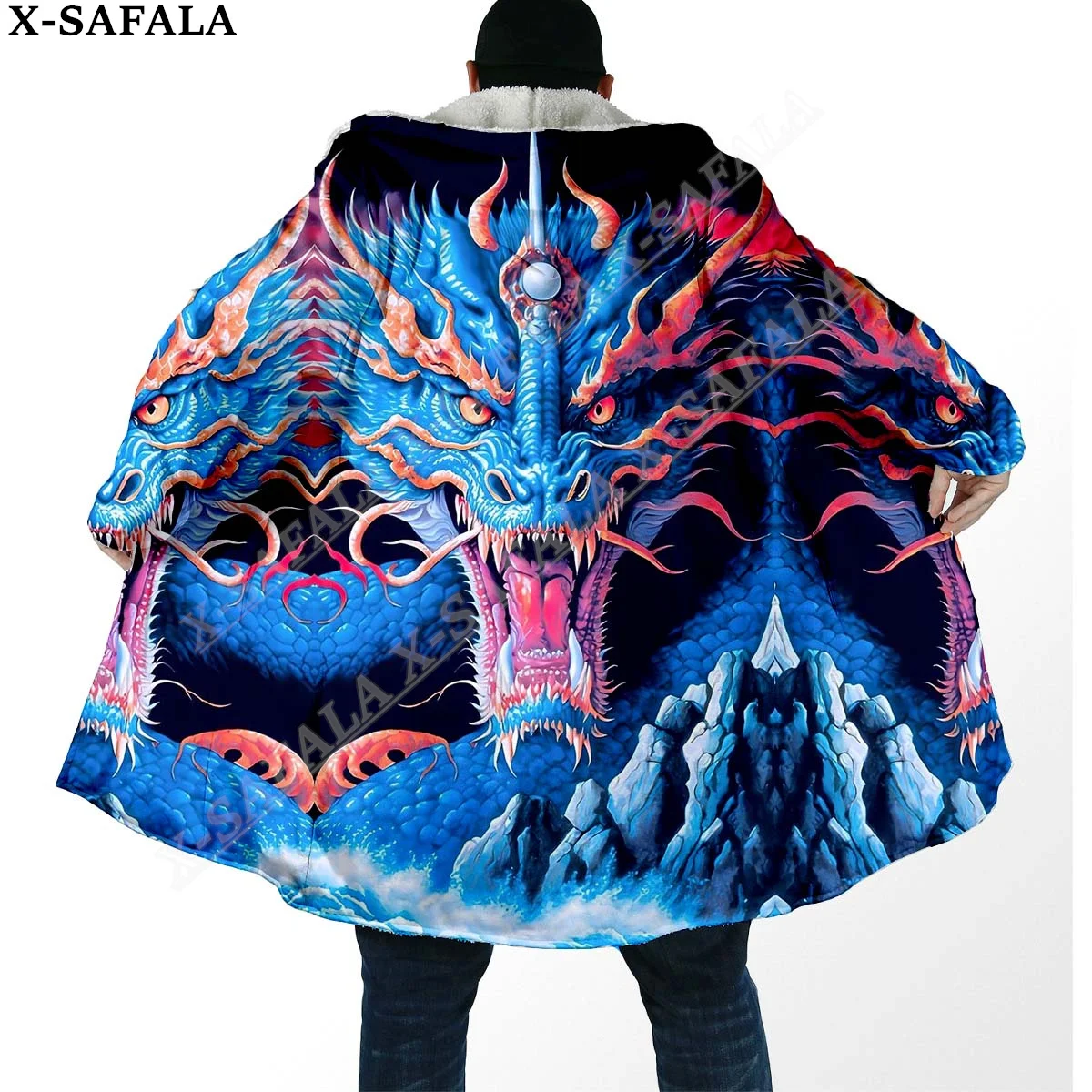 Myth Dragon Art Moon 3D Print Dream Cloak Thick Warm Hooded Men Overcoat Coat Windproof Fleece Cape Robe Blanket-3