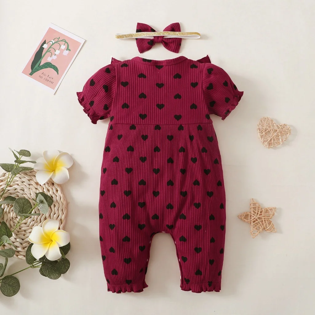 2PCS Infant Baby Girl Romper Love Wave Point Summer Short Sleeve Bodysuit Casual Jumpsuit+Headband for Toddler Girl 0-18 Months