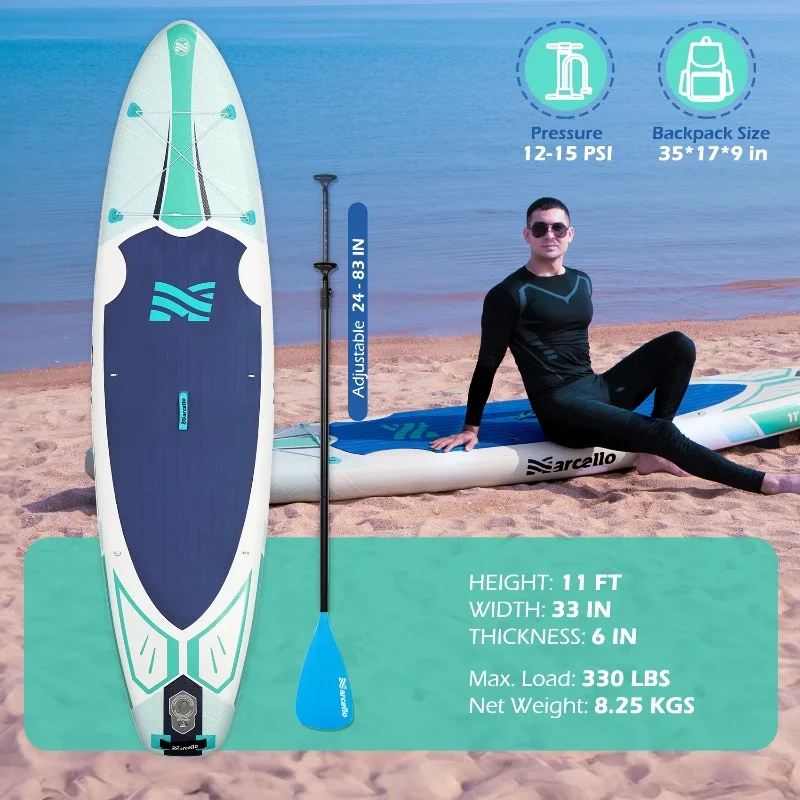 11 Feet Drop Stitch Inflatable Paddle Board with 3 Fin 330 LBS Max Load for Surf Fishing Yoga Race Touring