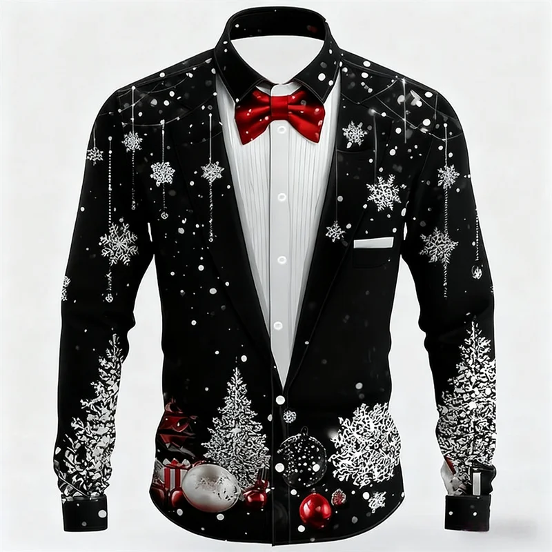 Men's Christmas shirt, casual fashion design, holiday party men's top, long sleeve lapel men's high-end clothing XS-6XL size
