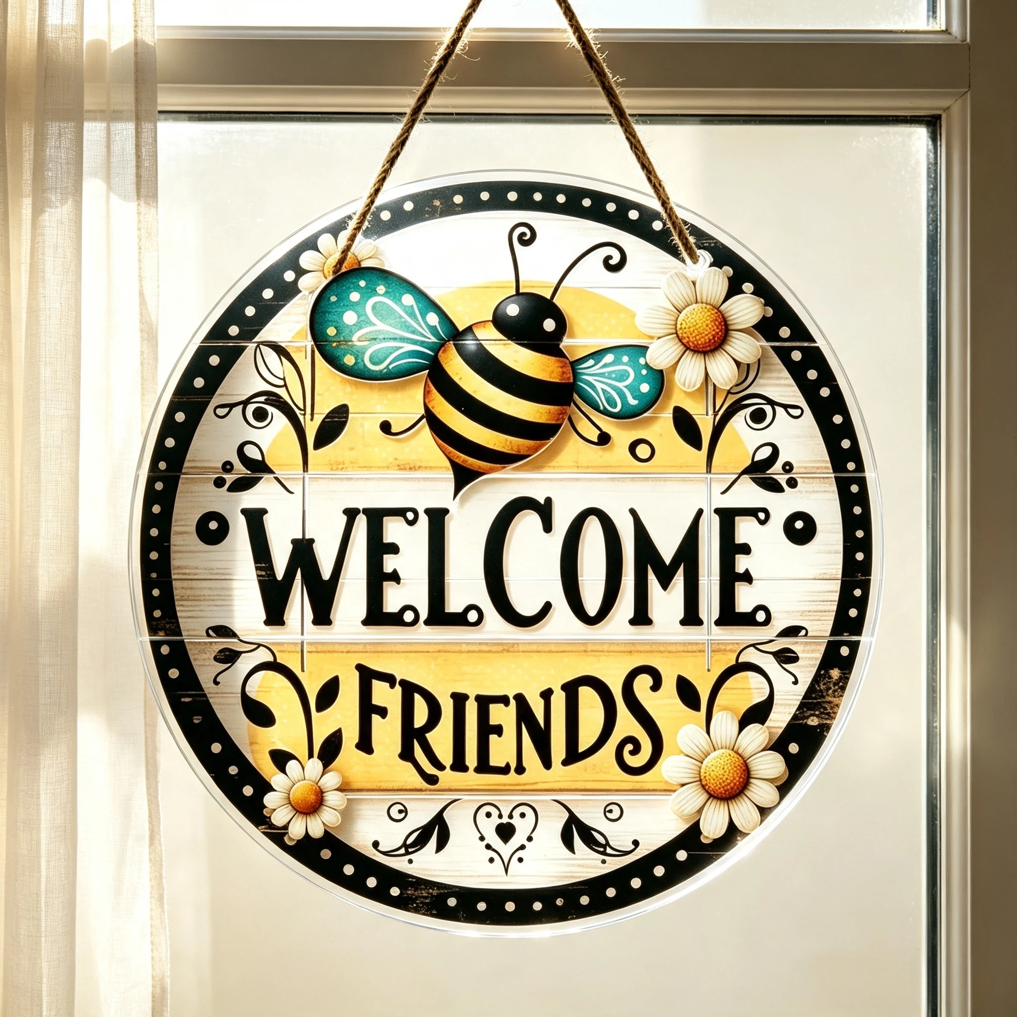 Rustic Bee Floral Welcome Friends Acrylic Round Door Hanger Home Garden Decor