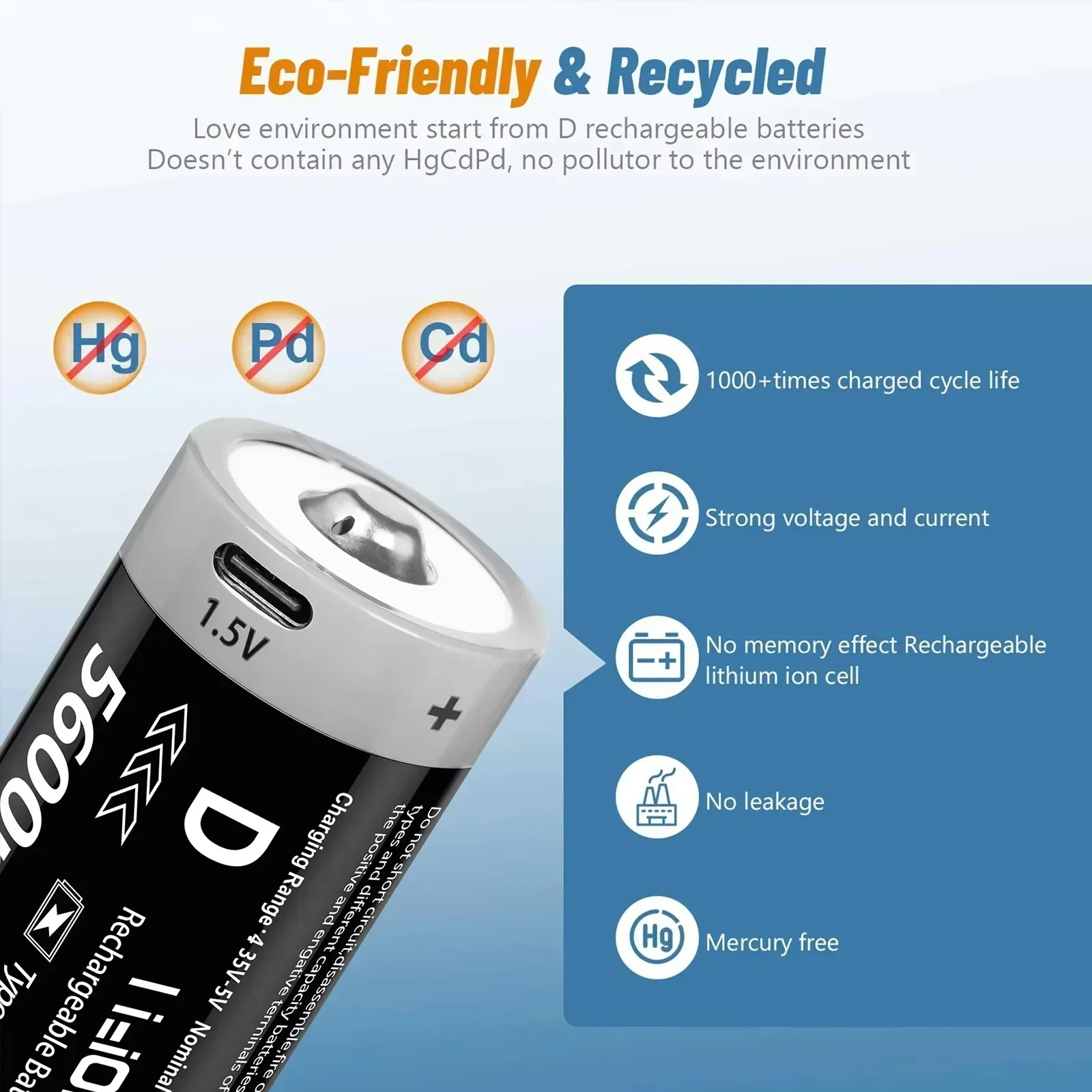 1.5 فولت USB قابلة للشحن D خلية بطارية ليثيوم 5600mWh ، للأجهزة المنزلية مثل طباخ الغاز ، سخان المياه بطارية قابلة للشحن