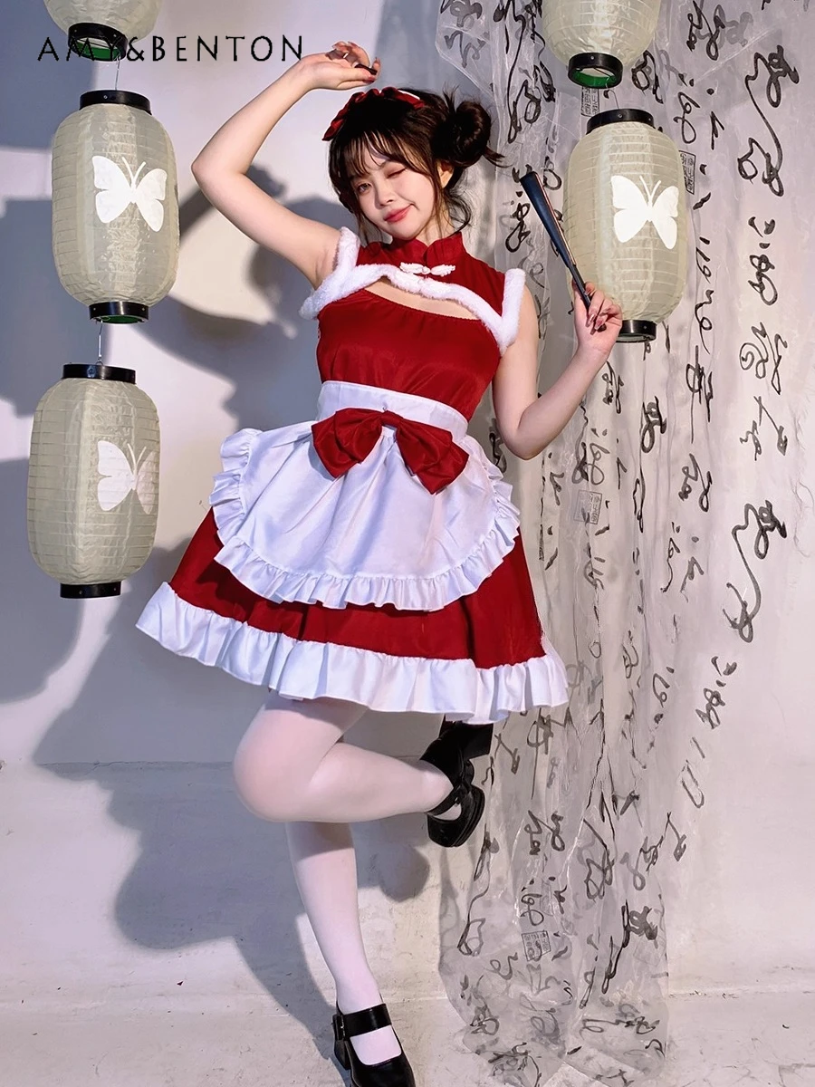 

Chinese Style Red White Patchwork Maid Outfit Sleeveless Bowknot Mini Dress Cute Lolita with Matching Stockings Bustle Full Set