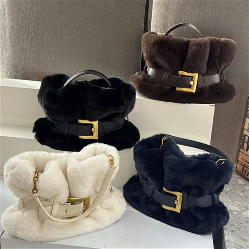 

Женская плюшевая сумка на плечо, модная брендовая сумка высокого качества, элегантная банкетная сумка с пряжкой на ремне, универсальная пригородная сумка через плечо