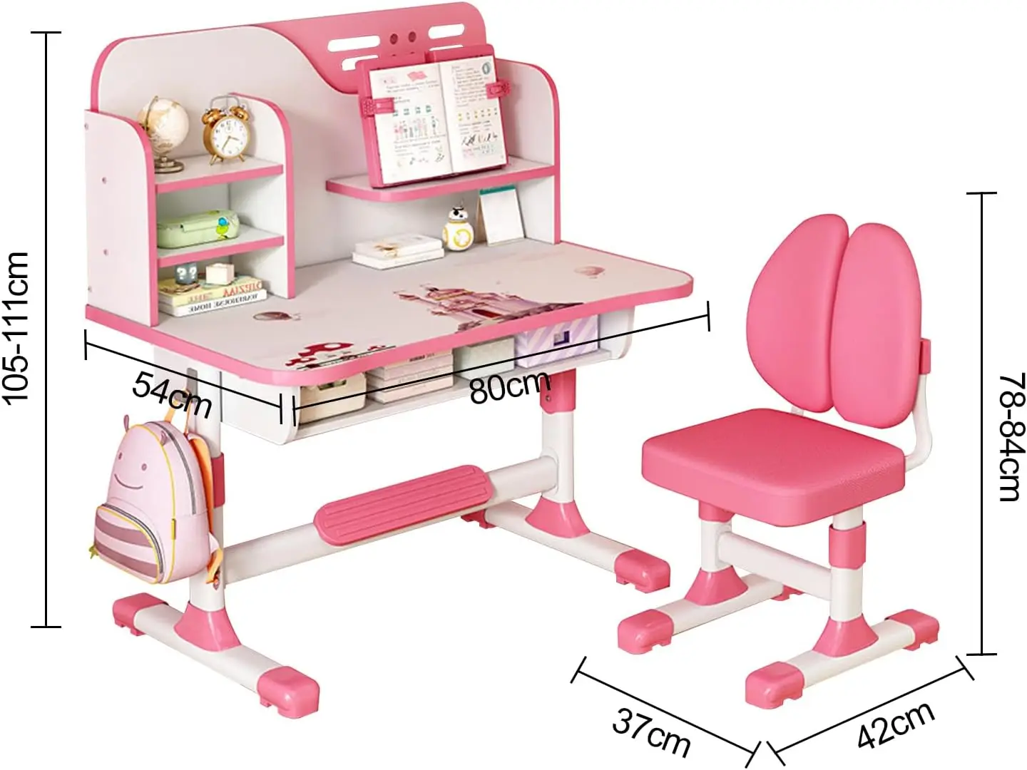 Study Table and Chair Set, Adjustable Art Desk Girls Desk for Bedroom, Study Table with Large Writing Board Bookshelf and Drawer