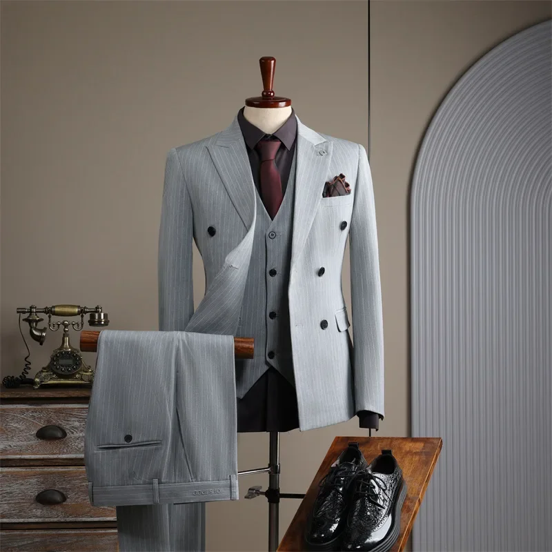 High-end Double-breasted Striped Suit for Men Casual Groom Wedding Dress