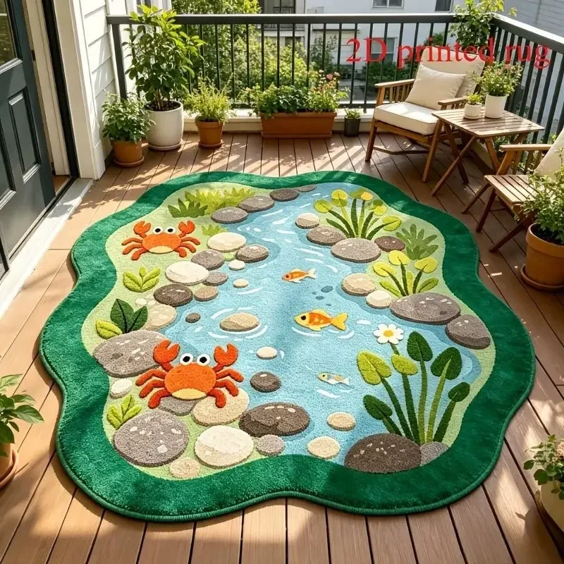 VIKAMA Cute Cartoon Frog Water Lily Koi Pond Round Rug Kids Nursery Soft Floor Mat Room Decor Bedroom Accent Durable Cozy Gift