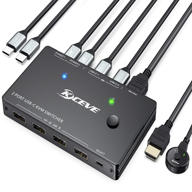 KCEVE rodzaj USB C przełącznik KVM 2 w 1 na zewnątrz 4K USB HDMI przełącznik KVM wsparcie PD charge dla 2 komputery współdzielą 1 monitora i 4