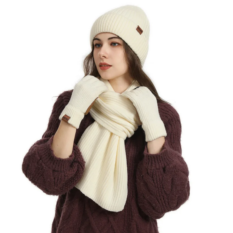 3 pçs/set inverno feminino gorro chapéu longo cachecol luvas conjunto de malha quente para o inverno fora esportes esqui correndo