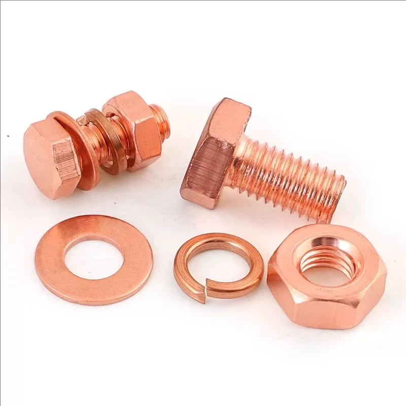 M3/4/5/6/8/10/12/14/16/18/20 Length 6-120mm 99.9% Pure Copper Hex Head Screw Bolt With Spring Washer Nut Electric Conduction