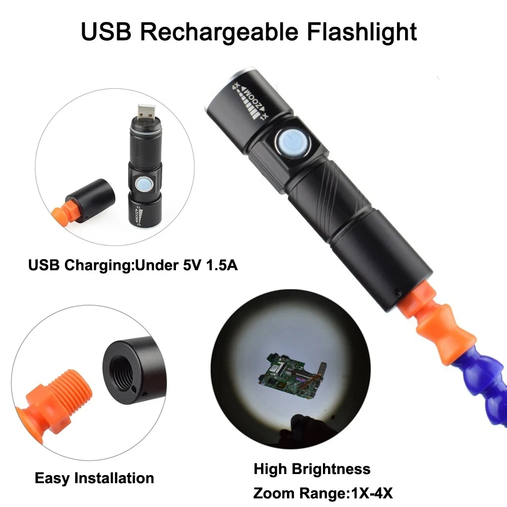 NEWACALOX Table Clamp Soldering Third Hand with 3X Magnifier Welding Exhaust Fan USB Rechargeable Flashlight Soldeirng Holder