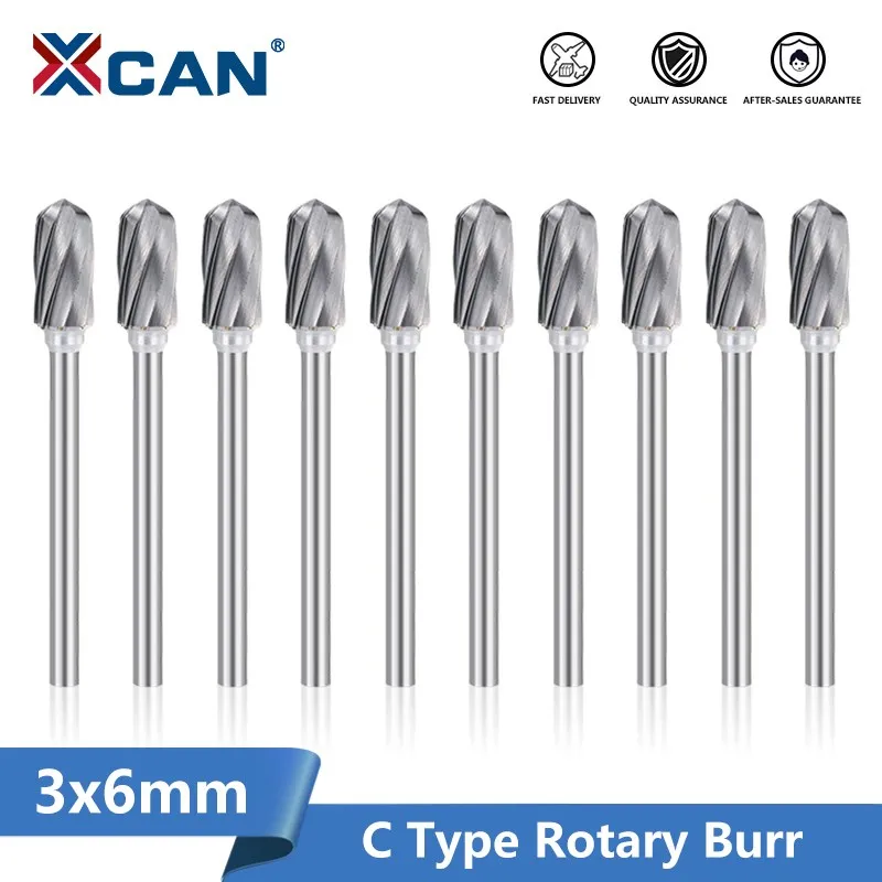 XCAN 10pcs Carbide Rotary Burr 3mm Shank 6mm Diameter Single Cut C Type Rotary File Milling Bit