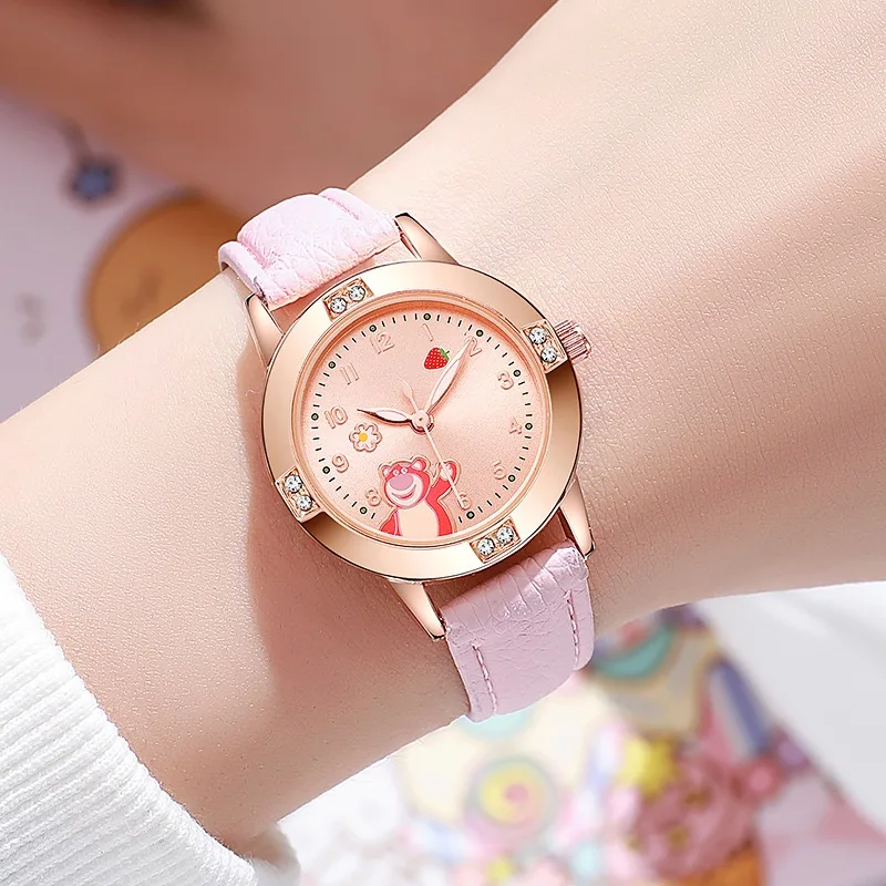Детские часы Disney, детские кожаные ремешки с бриллиантами Kawaii Lotso Huggin, часы с медведем для девочек, кварцевые часы высокого качества, подарки