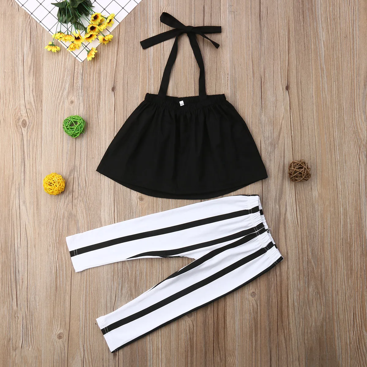 Baby Girls Summer Clothes Set Off Shoulder Solid Color Crop Tops Stripe Pants Leggings 2Pcs Kids Casual Outfits