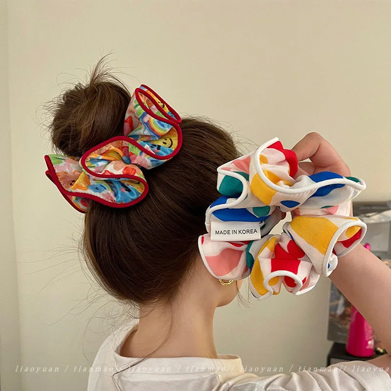 Grandes Scrunchies Elastic Hair Bandas para Mulheres, Sweet Flower Hair Laços, Ponytail Head Rope, Acessórios para Cabelo, Nova Impressão, Moda