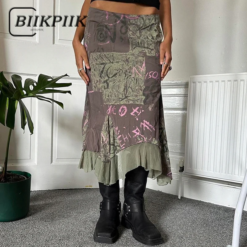 BIIKPIIK gonna da donna irregolare con stampa Vintage gonna Patchwork in rete di moda Sexy lettera Casual a contrasto vestiti inferiori Slim Fit